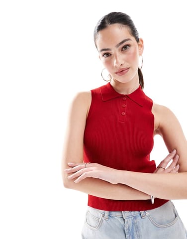 ONLY sleeveless knitted polo top in red