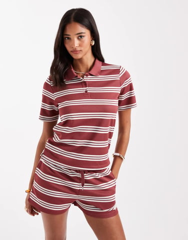 ONLY textured polo co-ord in burgundy with white stripe