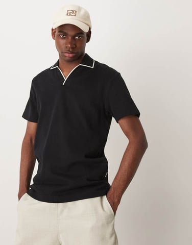 Selected split neck polo shirt in black