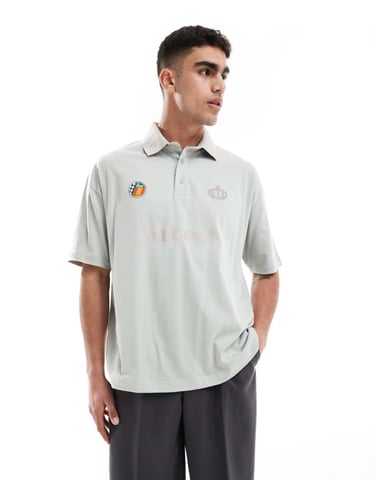 ASOS DESIGN oversized polo with text graphic in grey