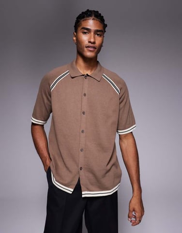 ASOS DESIGN relaxed knitted button through polo in brown with contrast tipping