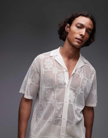 Topman revere floral crochet shirt in ecru
