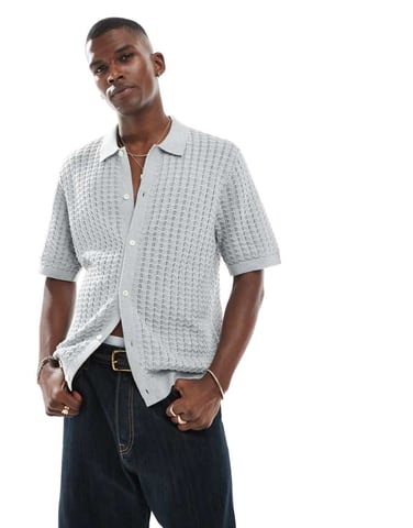 Jack & Jones knit button through polo in grey