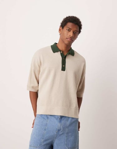ASOS DESIGN oversized stickad texturerad polo i ecru med kontrasterande krage
