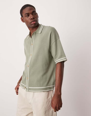 ASOS DESIGN avslappnad boxy passform stickad knappad polo i salvia grön med kantdetalj