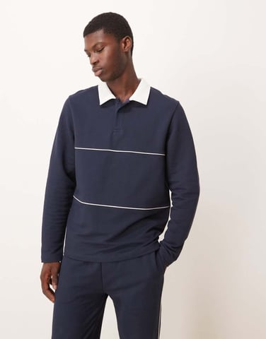 ASOS DESIGN regular fit pikétröja i rugbystil med piping i marinblått