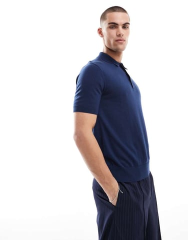 Fred Perry stickad polo kortärmad skjorta i djupblå