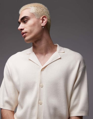 Topman knitted polo with revere collar in ecru