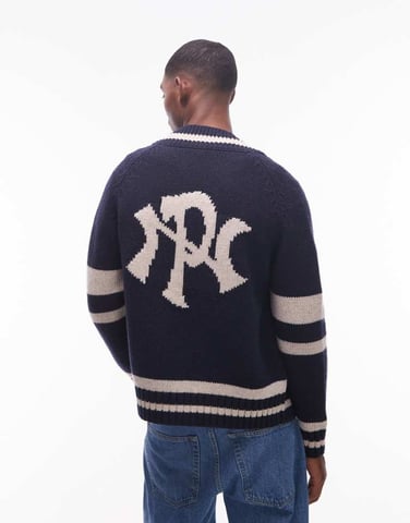 No Problemo zip through wool-mix knitted jumper with contrast stripe in navy