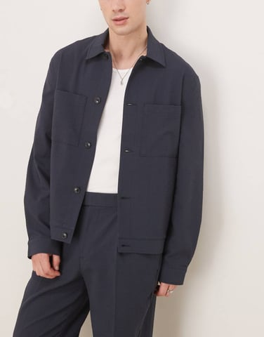 ASOS DESIGN smart co-ord button harrington jacket in navy seersucker texture