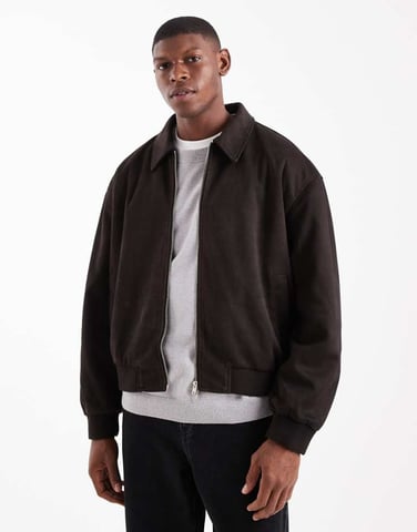 ASOS DESIGN boxy suedette harrington jacket in brown