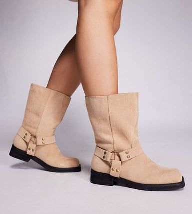 Public Desire Wide Fit Sienna biker boots in sand faux suede