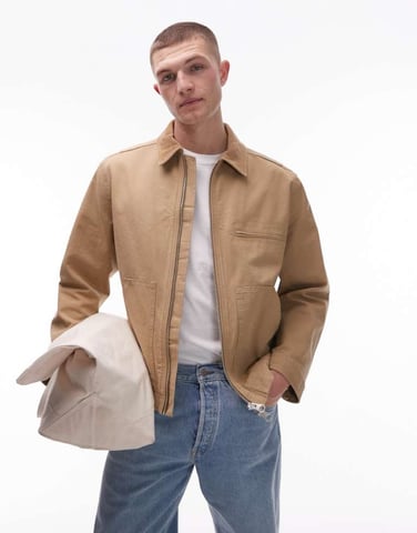 ARKET canvas zip front workwear trucker jacket in beige