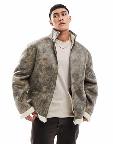 ASOS DESIGN oversized faux leather aviator jacket in washed black