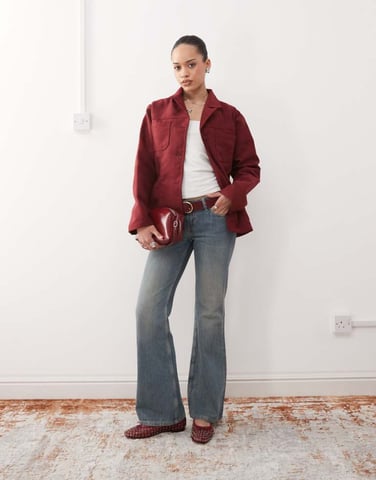 Återvunnen vintagefauxmocka kavaj i burgundy
