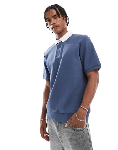 Threadbare cotton blend short sleeve polo top with contrast collar in blue