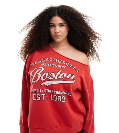 ASOS DESIGN Curve off shoulder sweatshirt with Boston graphic in red