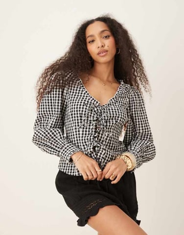 Nobody's Child Dallas tie front blouse in mono gingham