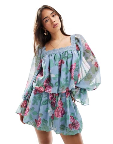 ASOS DESIGN square neck blouse co-ord with lace trim in floral