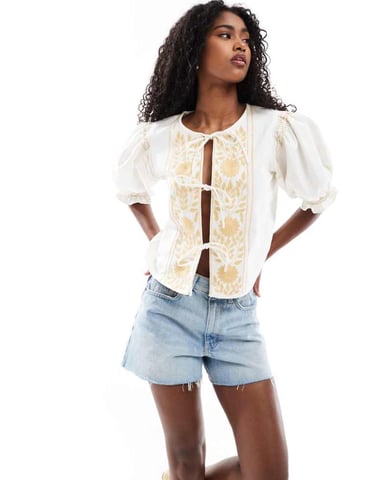 ASOS DESIGN tie front top with embroidery and broderie inserts