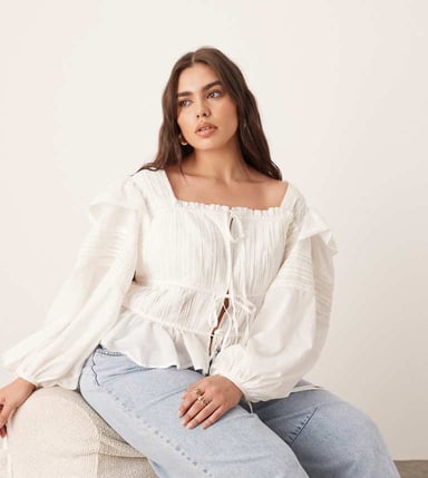 ARRANGE Curve cotton voile lace trim blouse with tie front in white