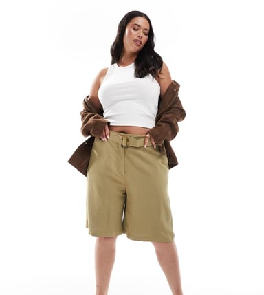 ASOS DESIGN Curve tailored longline belted city shorts with linen in khaki