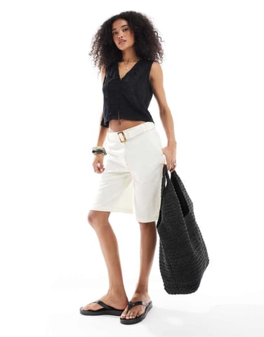 ASOS DESIGN tailored longline belted city shorts with linen in white