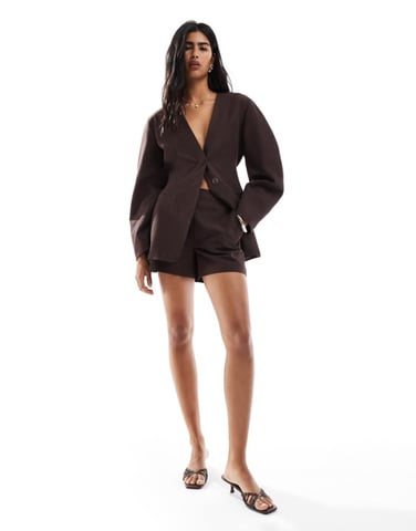 ASOS DESIGN linen blend tailored longline shorts in chocolate
