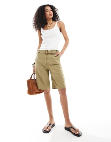 ASOS DESIGN tailored longline belted city shorts with linen in khaki