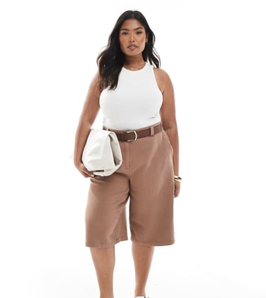 ASOS DESIGN Curve laundered panelled longline shorts in mocha