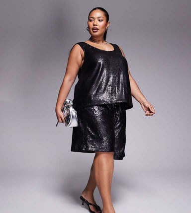 ASOS DESIGN Curve tailored longline sequin short co-ord in black