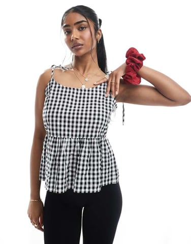 Pieces tie strap detail cami top in black gingham print