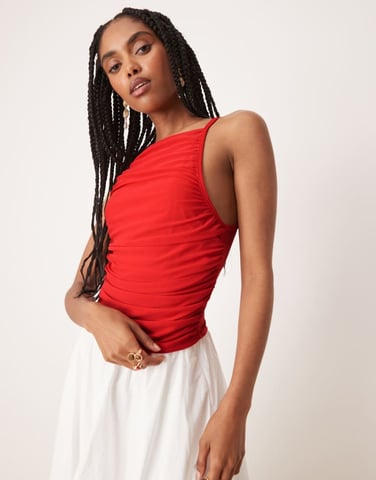 ASOS DESIGN gathered strappy mesh cami in red