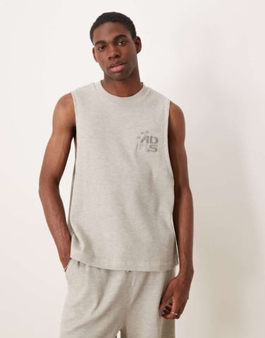ASOS DESIGN heavyweight co-ord boxy oversized relaxed tank with chest embroidery in beige waffle
