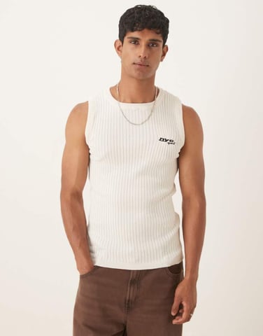 ASOS DESIGN muscle fit rib knitted vest in ecru