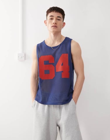 COLLUSION Crochet tank vest in blue with varsity number print