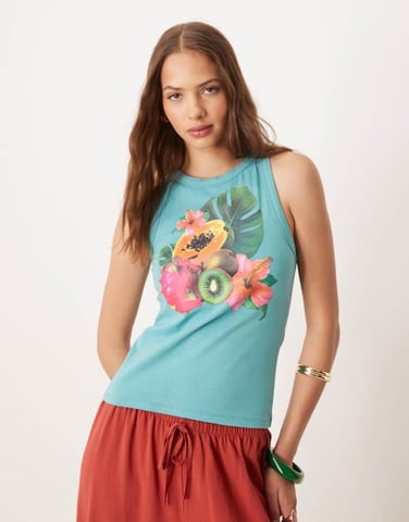 ASOS DESIGN racer tank vest with tropical fruit graphic in turquiose