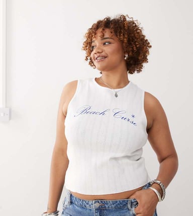 COLLUSION plus printed pointelle tank top in white