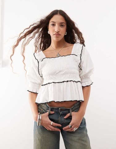 COLLUSION extreme ruched puff sleeve blouse with contrast ties in white
