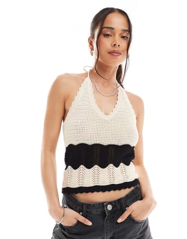Vero Moda crochet knit halter top in cream and black