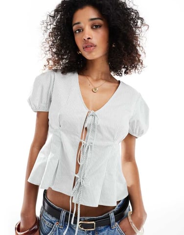 ASOS DESIGN tie front puff sleeve top in stripe