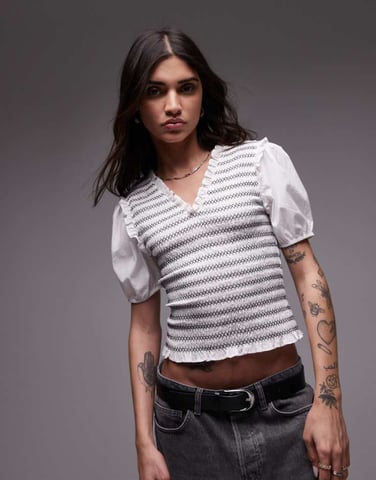 Topshop V neck puff sleeve shirred top in mono stripe