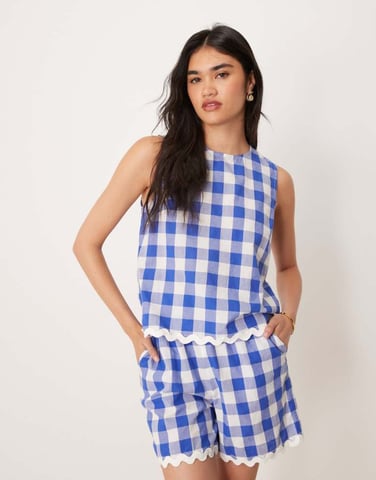 YAS woven gingham top co-ord with scallop trims in blue and white