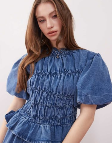 Reclaimed vintage puff sleeve shirred detail top co-ord in blue denim wash