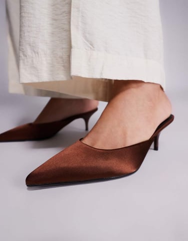 Simmi London Carson kitten heel mules in chocolate satin