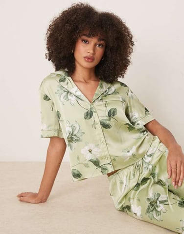 Abercrombie & Fitch short sleeve button up pyjama shirt in green floral co-ord
