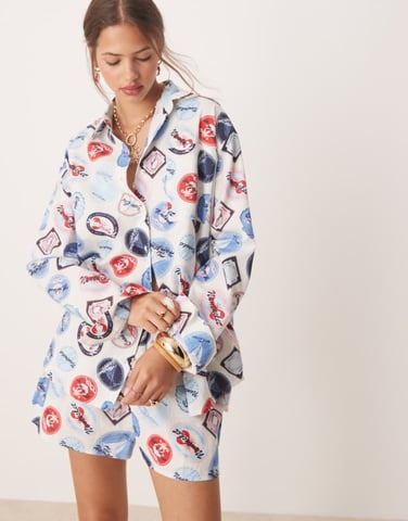 Miss Selfridge oversized shirt co-ord in holiday print