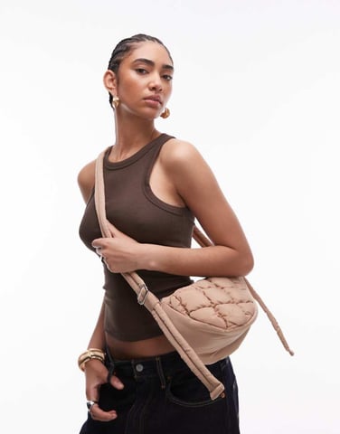 Topshop Callie scoop quilted nylon cross body bag in camel