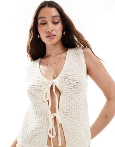 Vero Moda crochet knitted tie front top in cream
