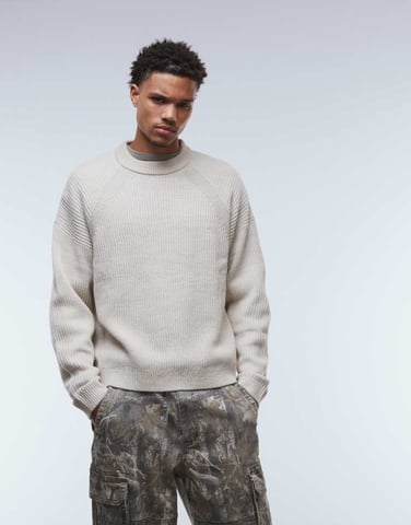 ASOS DESIGN oversized boxy fit knitted fisherman rib jumper in stone marl